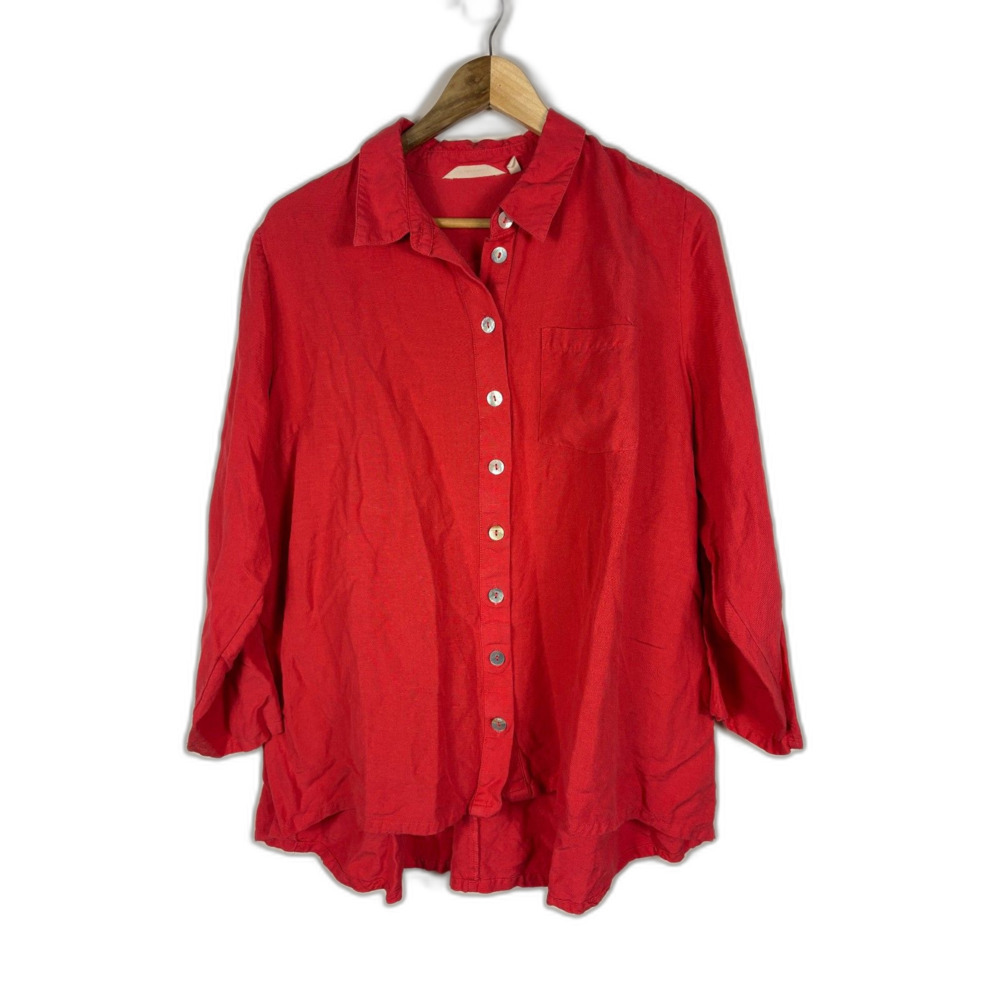 Soft Surroundings Bright Pink Linen Blend Button Down Shirt Women 1X Plus Size